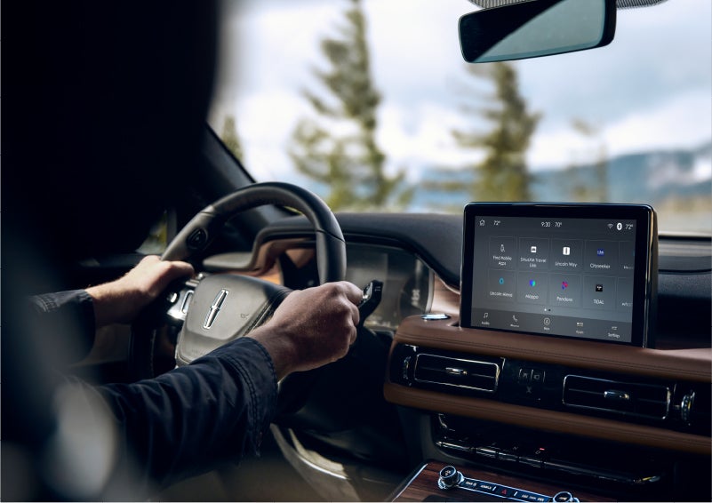 The Lincoln+Alexa app screen is displayed in the center screen of a 2023 Lincoln Aviator® Grand Touring SUV | Bluebonnet Motors Lincoln in New Braunfels TX