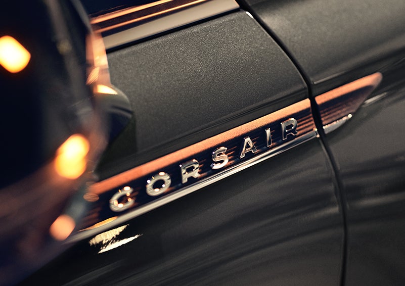 The stylish chrome badge reading “CORSAIR” is shown on the exterior of the vehicle. | Bluebonnet Motors Lincoln in New Braunfels TX