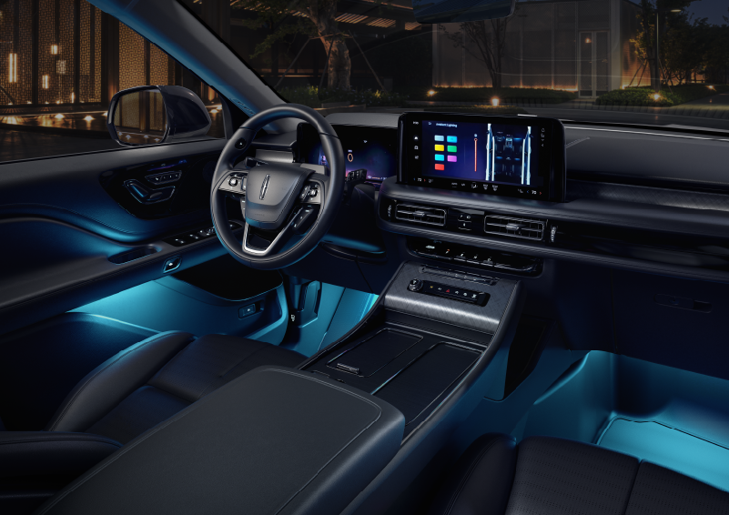 Deep blue ambient lighting glows from various places within a 2025 Lincoln Aviator® SUV. | Bluebonnet Motors Lincoln in New Braunfels TX