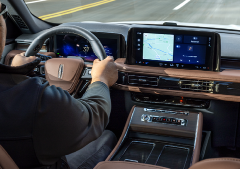 A person is driving a 2025 Lincoln Aviator® SUV from inside the cabin. | Bluebonnet Motors Lincoln in New Braunfels TX