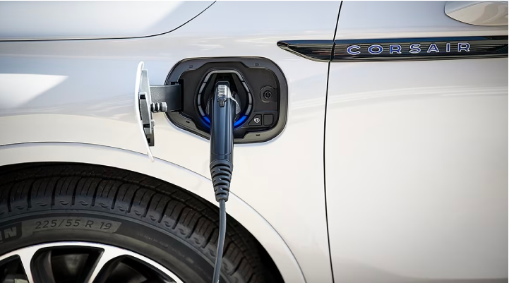 An electric charger is shown plugged into the charging port of a Lincoln Corsair® Grand Touring
model. | Bluebonnet Motors Lincoln in New Braunfels TX