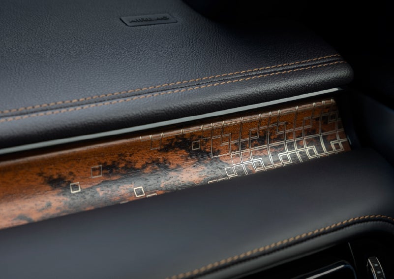 A close-up shot of the 2026 Lincoln Aviator® dashboard with unique black and brown accents and brown stitching. | Bluebonnet Motors Lincoln in New Braunfels TX